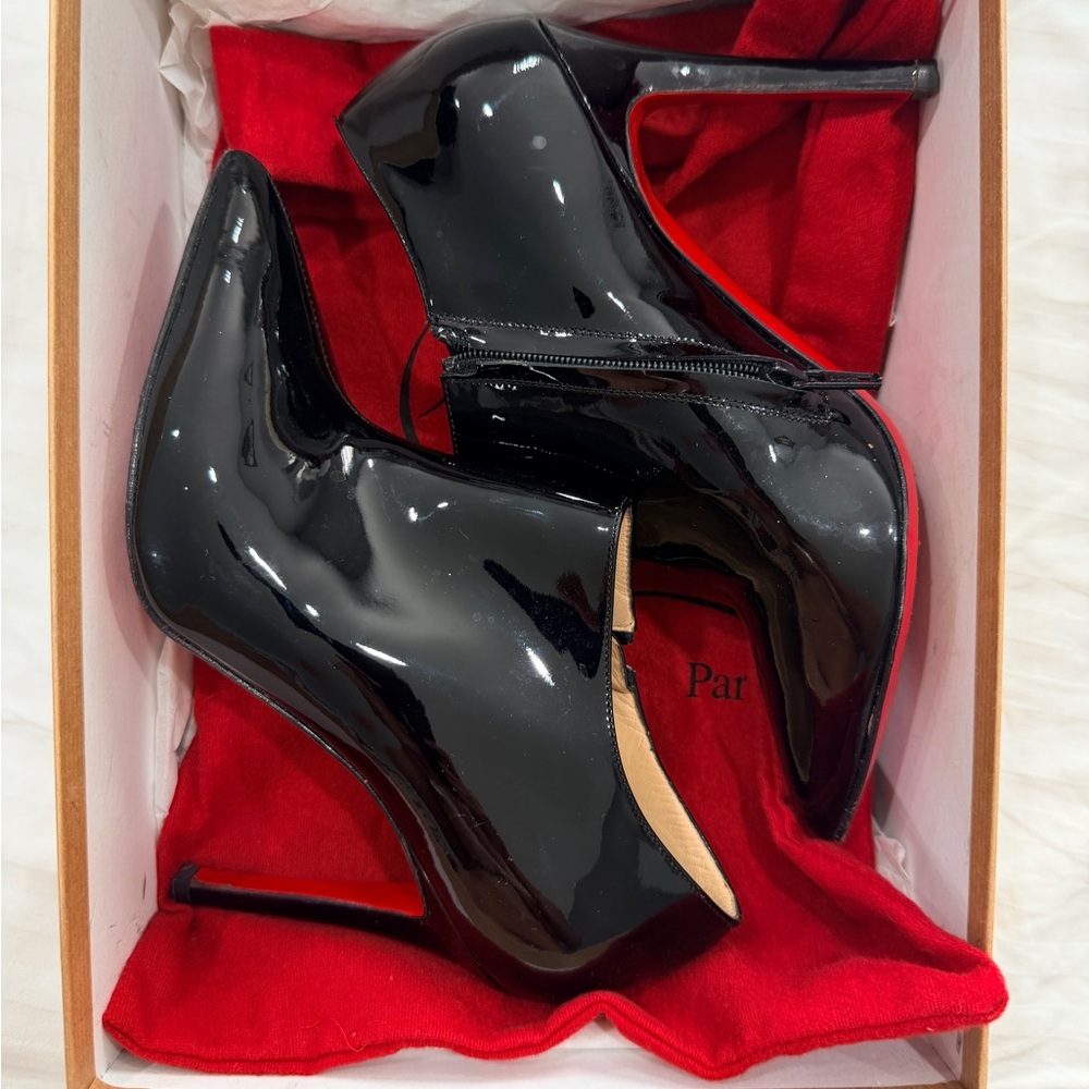 Christian Louboutin Black Patent Booties — Dahlia Patent in Size 36 US 6